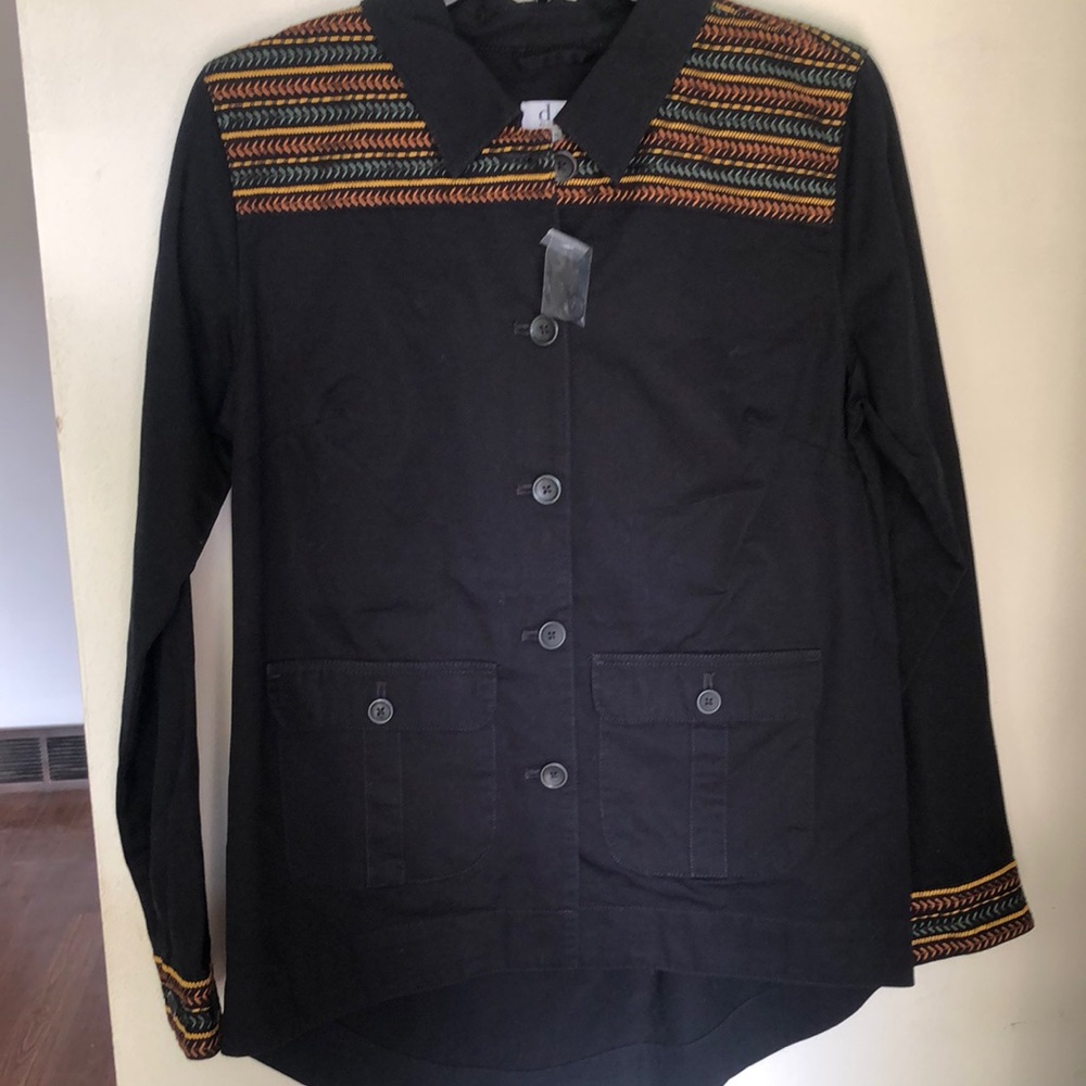 Denim&Co Black and Orange Utility Jacket with Geometric Pattern